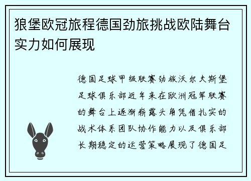 狼堡欧冠旅程德国劲旅挑战欧陆舞台实力如何展现