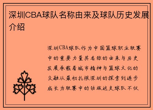 深圳CBA球队名称由来及球队历史发展介绍
